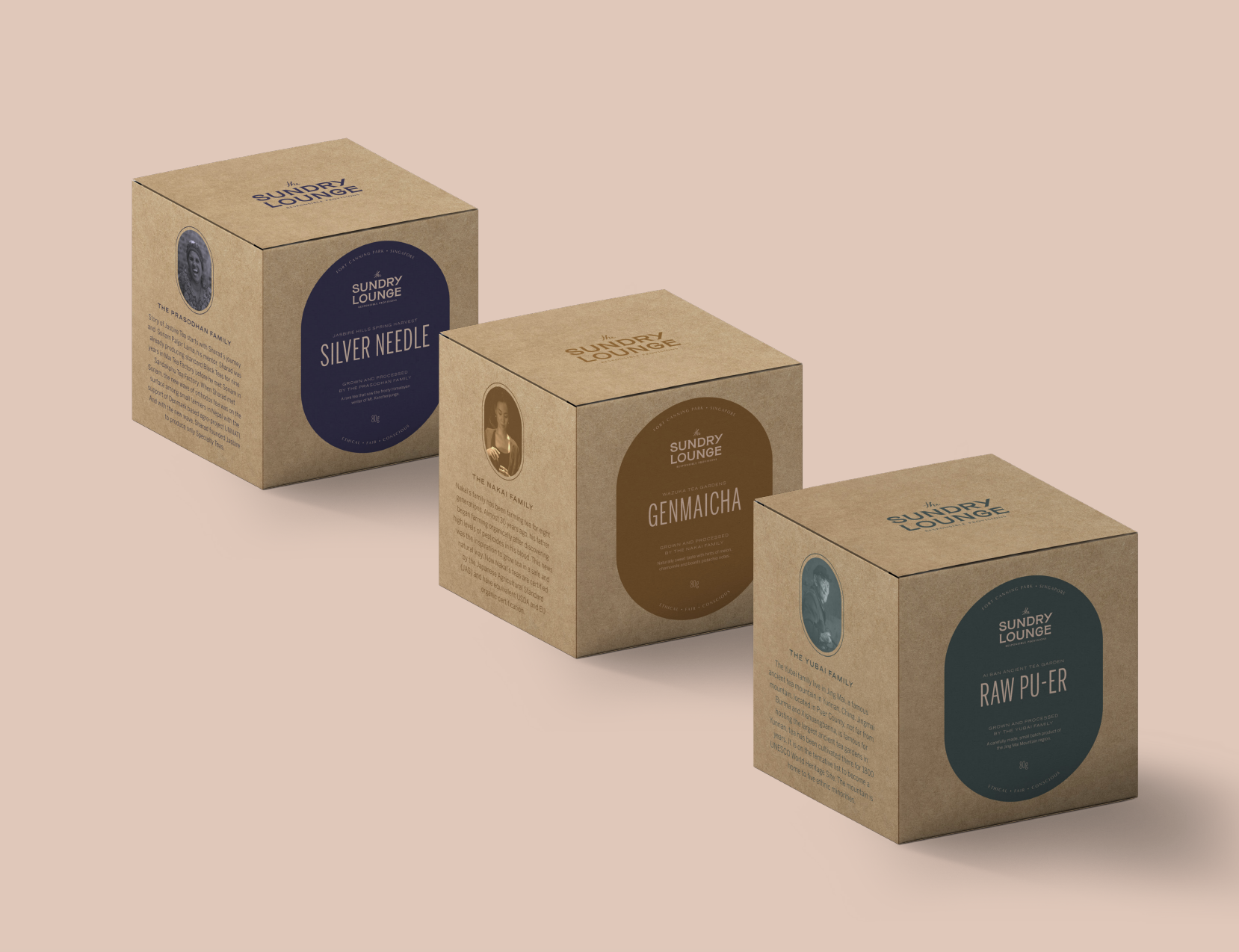 Proposed tea packaging, featuring producer stories alongside product information.