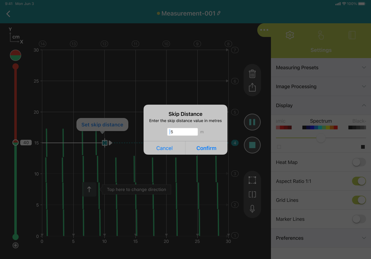 Entering a skip distance to account for an obstacle interrupting the scan.