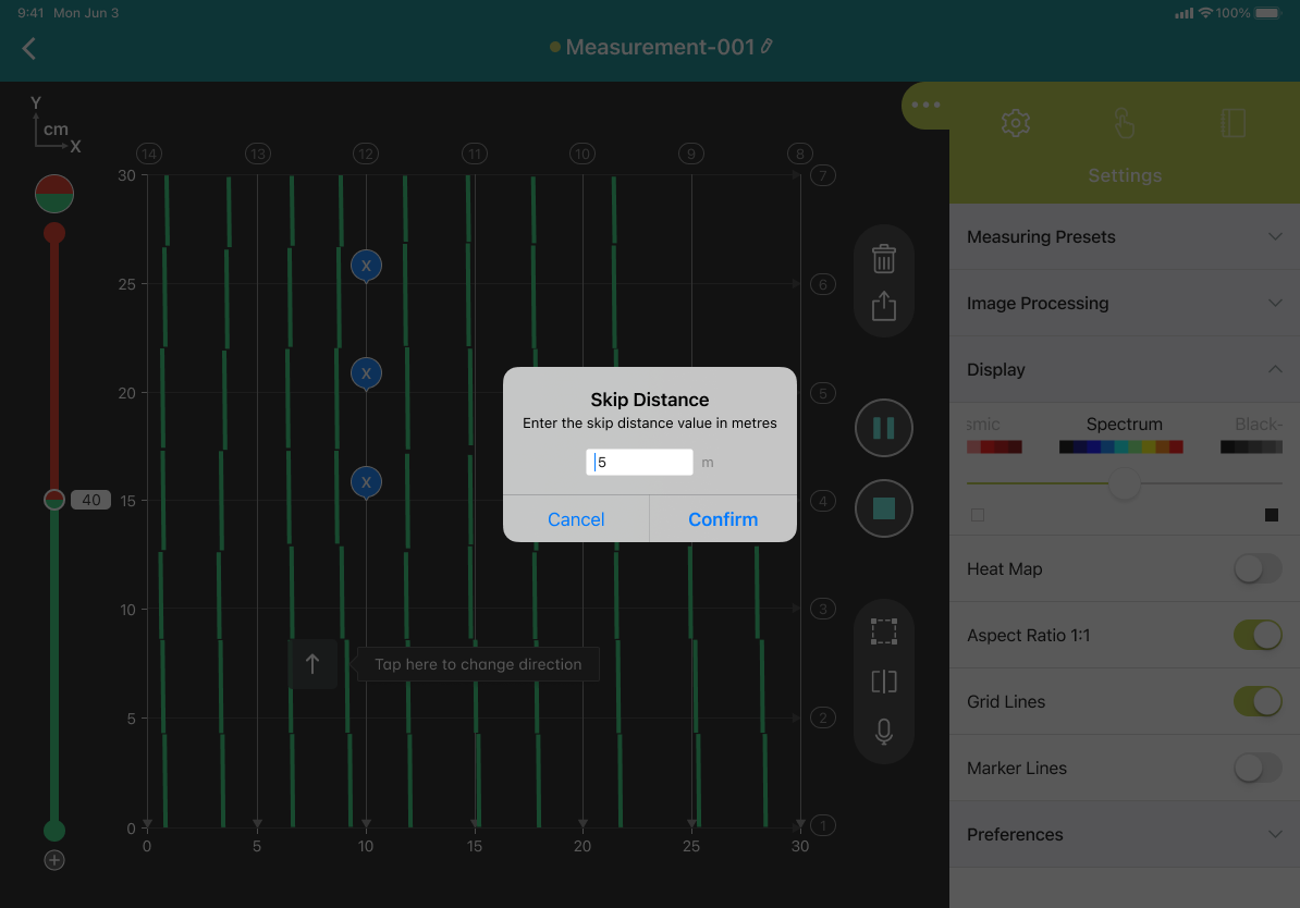 Returning to a skip marker to enter its distance after scanning.