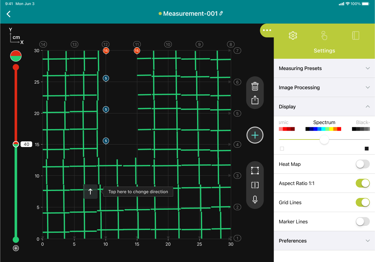 A completed area scan with skip distances recorded on both axes.
