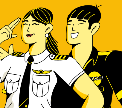 Scoot illustration of a pilot and cabin crew member
