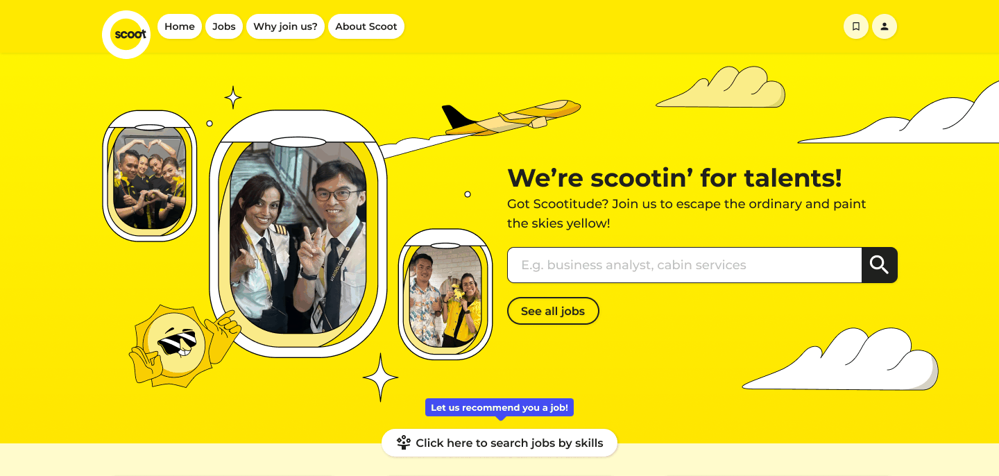 Scoot homepage with keyword search, See all jobs, and skills-based search